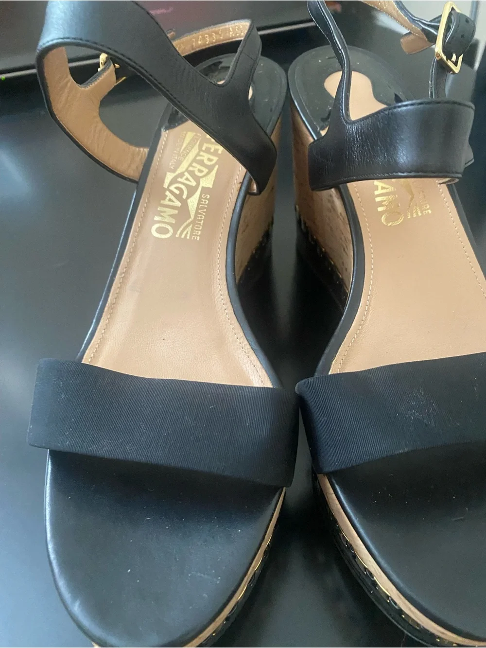Salvatore Ferragamo Black Leather and Cork Platform Wedges